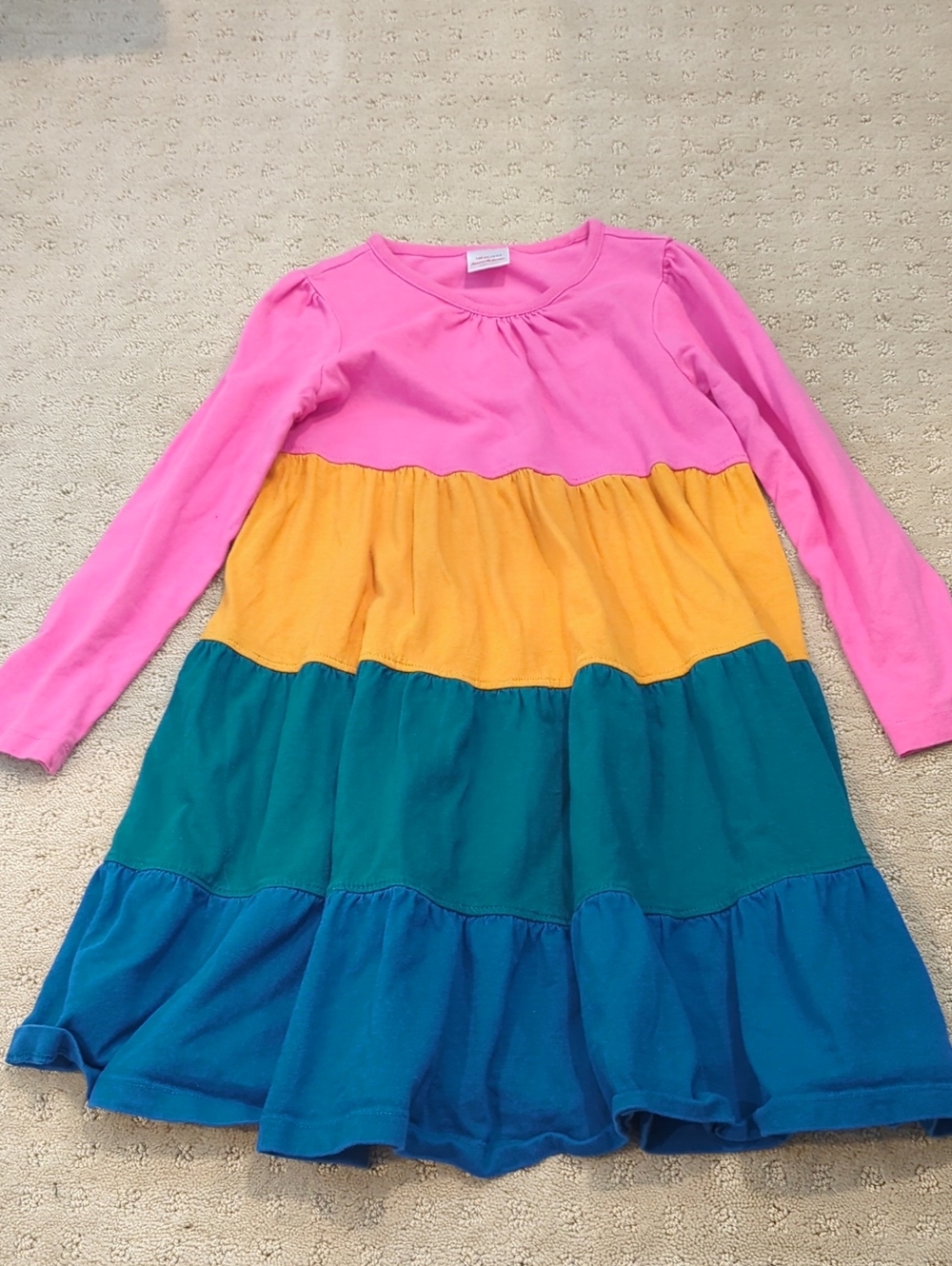 Hanna Andersson Pink, Yellow & Teal Tiered Long-Sleeve Dress